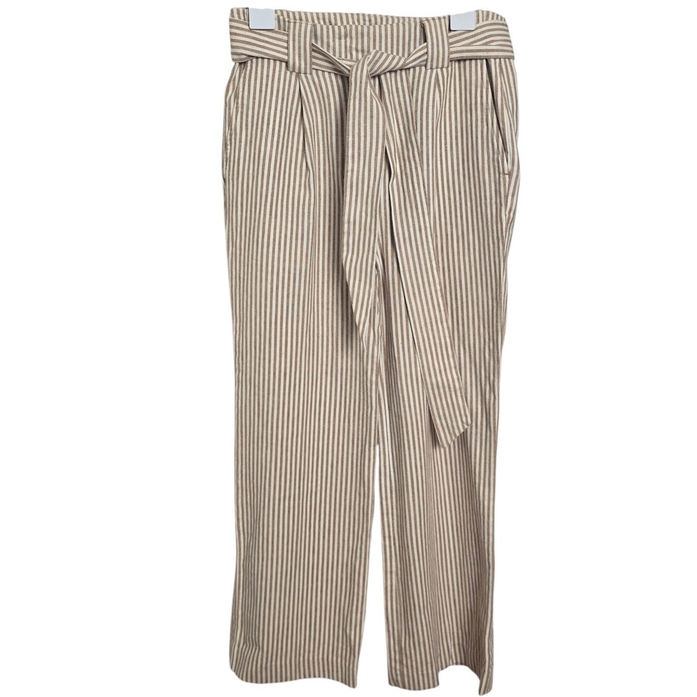Spartina 449 Tan White Striped High Waist‎ Wide Leg Tie Belt Cropped Pants Sz 4